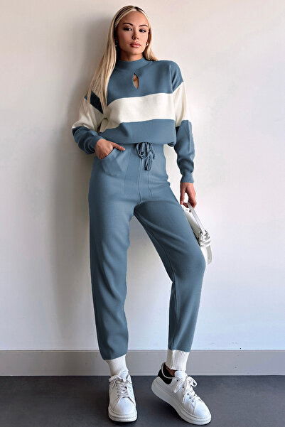 RMY MODA High Collar Stripe Blocky Tight Knit Top and Bottom Knitwear Tracksu...