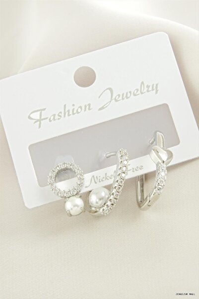 ZERO LAND Zngzrmll 3Pcs Heart Pearl Zircon Cubic Zirconia Earrings (31407) Si...