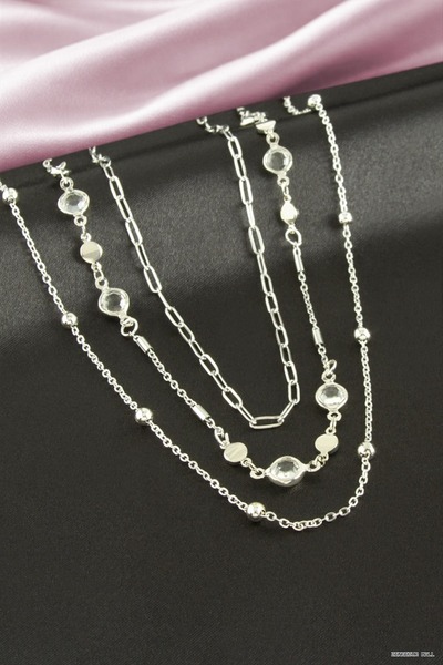 ZERO LAND Zngzrmll Round Crystal Stone Triple Necklace (53037) Silver Color