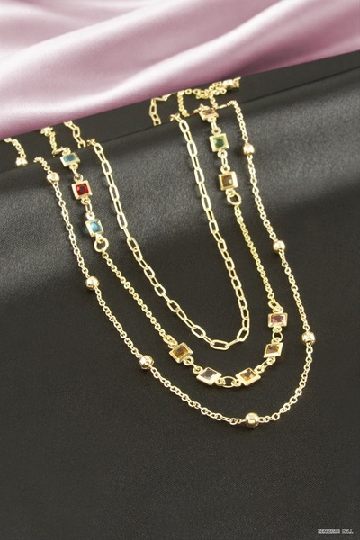 ZERO LAND Zngzrmll Square Crystal Stone Triple (53029) Necklace Yellow