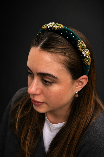ByMerve Bym Women's Emerald Green Velvet Gold Bead Embroidered Handcrafted Ha...