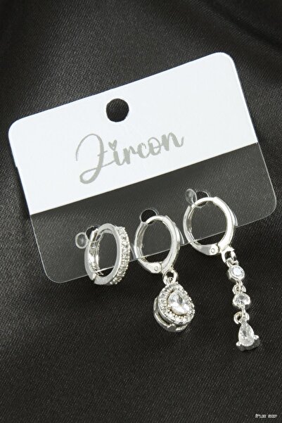 ZERO LAND Ilkestor 3 Pieces Drop Zircon Stone Earrings (62411) Silver Color