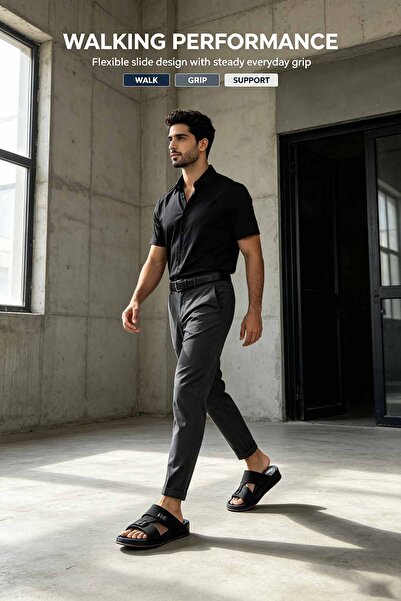 SaudEva Foot Men’s Urban Black Slide Sandals, Adjustable Buckle, Contoured Co...