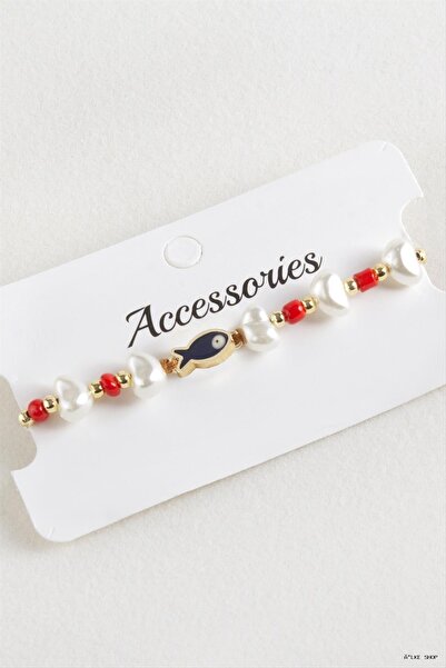 ZERO LAND Ilkestor Fish Pearl Beads Macrame Cord (61403) Bracelet Red