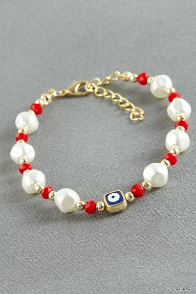 ZERO LAND Zngzrmll Evil Eye Rectangular Crystal Pearl (55213) Bracelet Red
