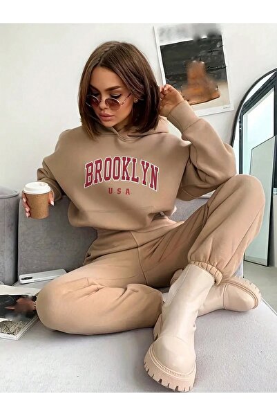 Mythologie Brooklyn U.S.A Sweatshirt Sweatpants Jogger - Beige Printed Top an...