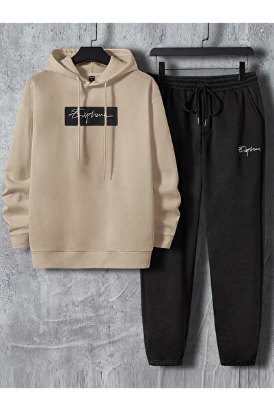 Mythologie Explore Sweatshirt Sweatpants Jogger - Beige Black Printed Top and...