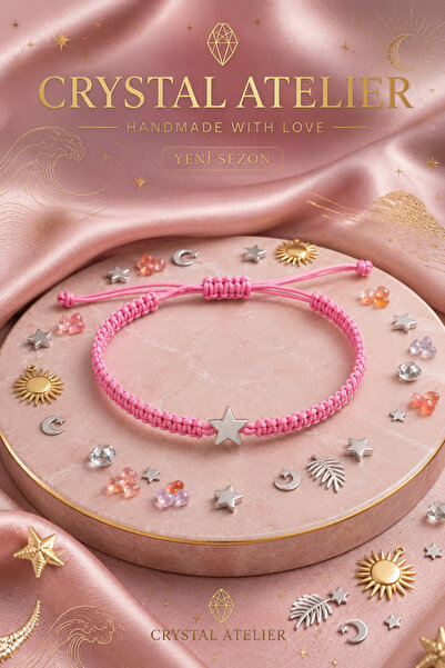 Crystal Atelier Pink Star Adjustable Macrame Bracelet Unisex Knitted Lucky Br...