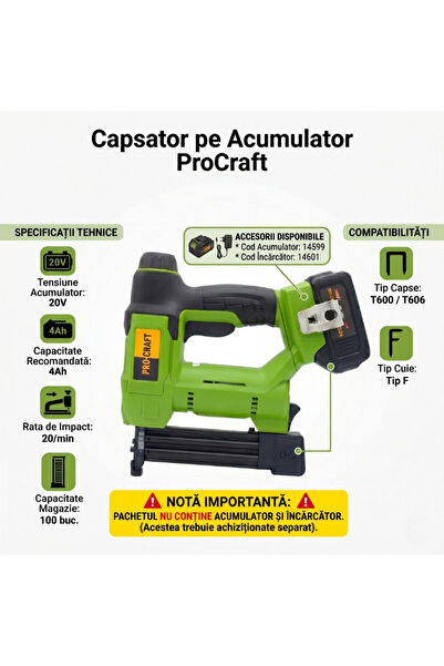 ProCraft Pdr Tools Capsator electric pe acumulator ProCraft, 20V, 4Ah, tip ca...