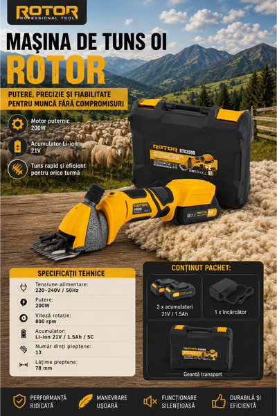 Rotor Masina de tuns oi pe acumulator Rotor, 200W, 21V, 800rpm, 1.5Ah, Li-Ion...