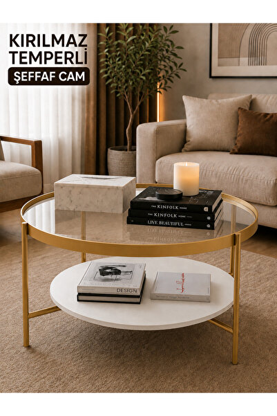 EVDERA MOBİLYA OSLO ORTA SEHPA ŞEFFAF TEMPERLİ CAM GOLD METAL AYAK