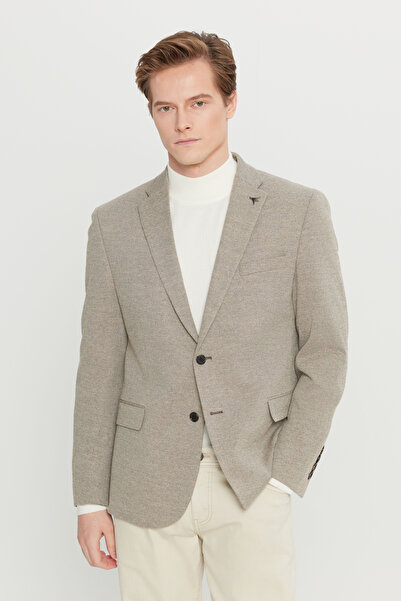 ALTINYILDIZ CLASSICS Men's Beige Wool Regular Fit Mono Collar Pocketed Dobby ...