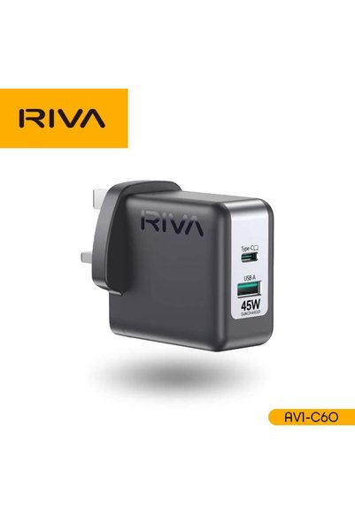 Riva شاحن سريع بقوة 45 واط مع منفذ USB-A و USB-C |   شحن سريع وآمن |   RV1-C60