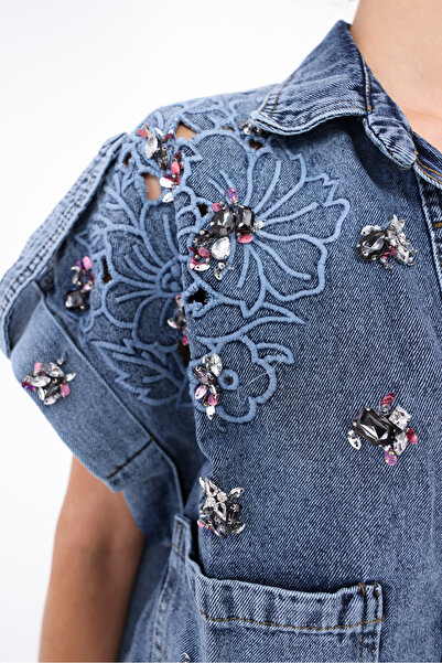 RENGARENG Women's Designer Denim Vest with Stone Beads and Sequin Embroidery ...