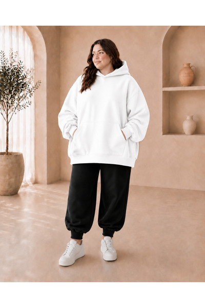 Kadın Büyük Beden 3 İplik Oversize Kapüşonlu Sweatshirt ve Siyah Jogger Eşofman Takımı