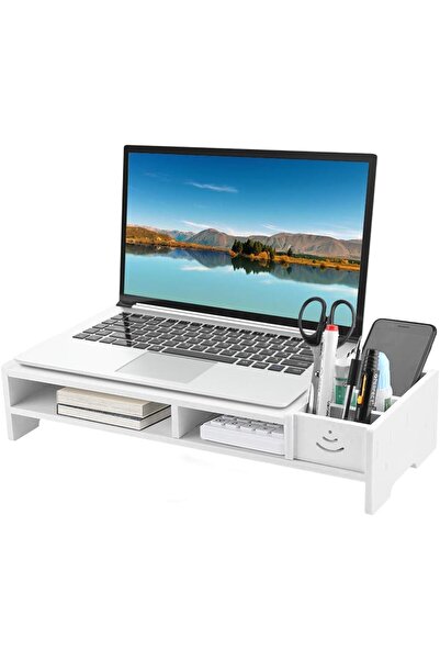 Arabest حامل شاشة أبيض، رف مكتبي من لوح PVC الاصطناعي للابتوب، مع أقسام تخزين...