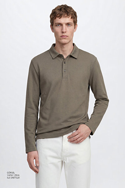 ALTINYILDIZ CLASSICS Erkek Haki Pamuklu Slim Fit Dar Kesim Polo Yaka Uzun Kollu Esnek Tişört