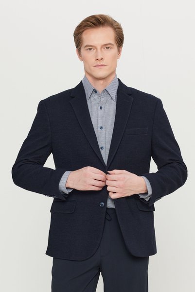 ALTINYILDIZ CLASSICS Erkek Lacivert Yünlü Regular Fit Normal Kesim Mono Yaka Kapak Cepli Blazer Ceket