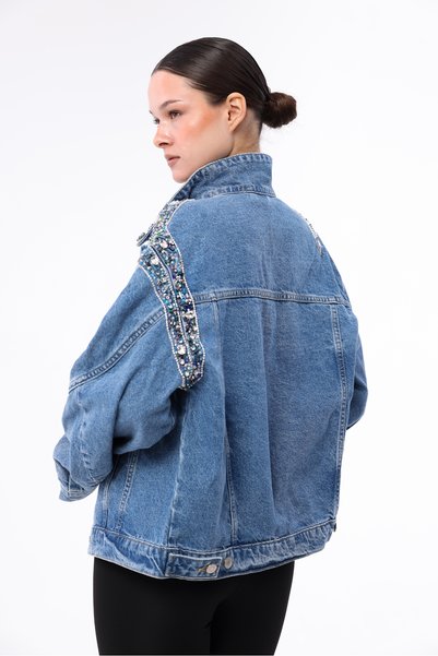 RENGARENG Women's Designer Denim Jacket with Colorful Stone Bead Chain Embroidery Detail, Blue Oversize Fit Bomber Coat, Limited Edition