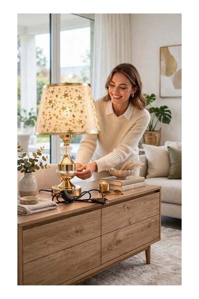 DubaiGallery Classic Gold Table Lamp 38CM with Decorative Crystal Base and Pr...