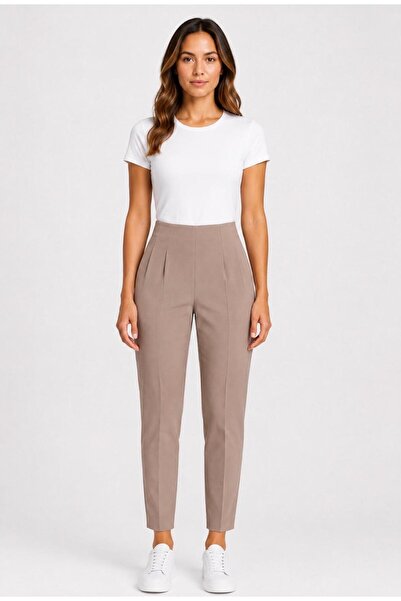 AXXEL Women's Mink Beige High Waist Pleated Carrot Leg Trousers-P197