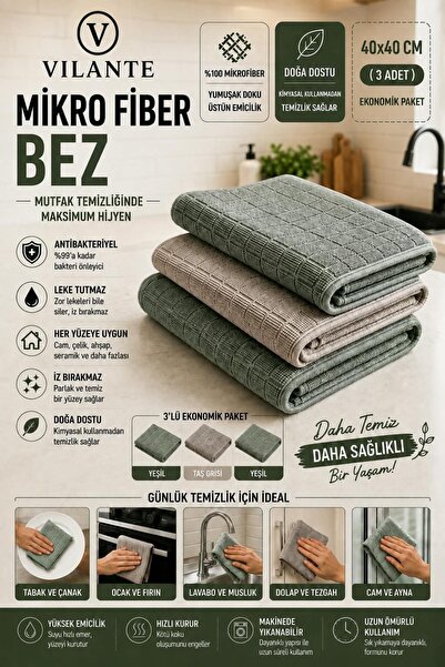 vilante ( 3 Adet ) Mikrofiber Mutfak Temizlik Bezi 40*40 Cm