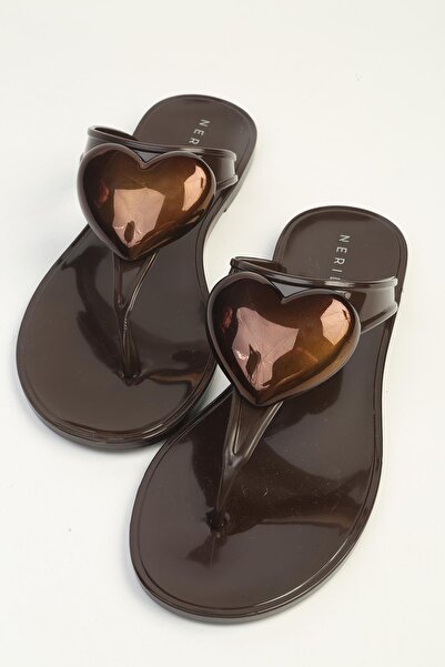 NERİDA Women's Brown Jelly Flip Flops with Heart Detail and Brown Buckle Summ...