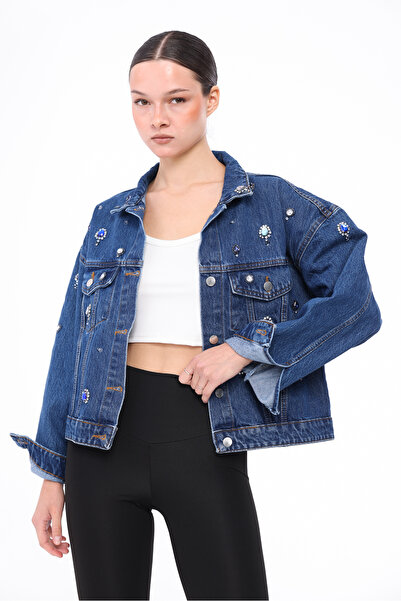 RENGARENG Women's Designer Denim Jacket with Stone Embellishments, Blue Overs...