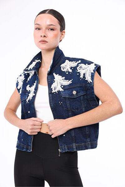 RENGARENG Kadın Tasarım Denim Yelek Pech Dantel İşleme Detaylı Mavi Oversize ...