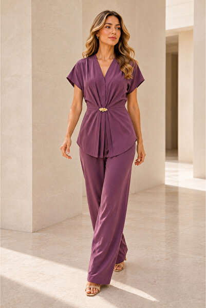 1434 Polo State Women's Gold Brooch Double-Breasted Pleated Wide-Leg Pants Se...