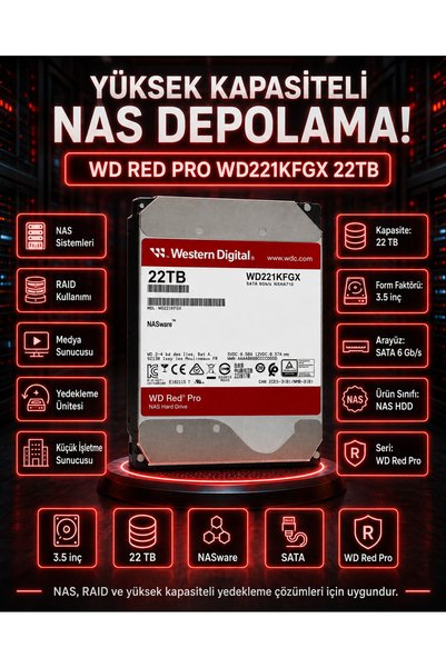 DİSK BANK 22 TB RED PRO 3.5 İnç WD221KFGX Profesyonel NAS ve RAID Sistemi Diski