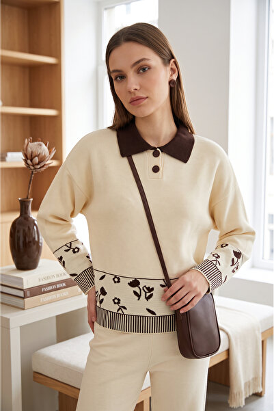 SAYZEN YOUR SHİNE Floral Patterned Shirt Collar Regular Fit Women's Knitwear ...