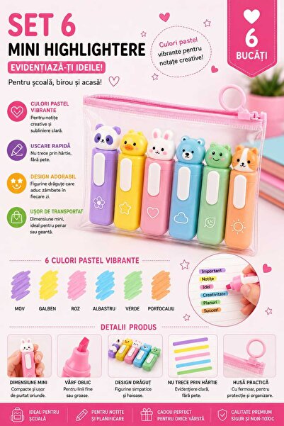 Generic Brand Set of 6 Mini Pastel Highlighters, Highlighter Markers with Ani...