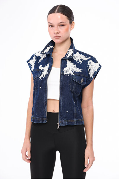 RENGARENG Women's Designer Denim Vest with Pech Lace Embroidery Detail, Blue ...