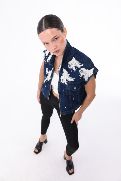 RENGARENG Women's Designer Denim Vest with Pech Lace Embroidery Detail, Blue Oversize Bomber Vest