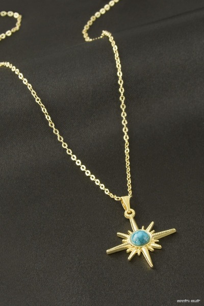 ZERO LAND Spt-Gld Star Turquoise Stone Pendant (102340) Necklace Yellow