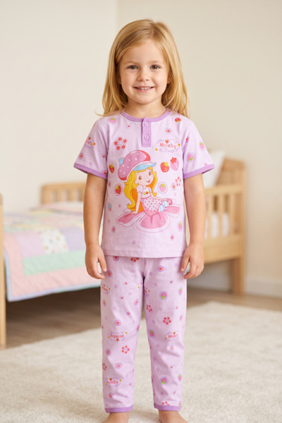 OEM Set de pijamale din 2 piese pentru fete, din bumbac, tricou cu mânecă scu...