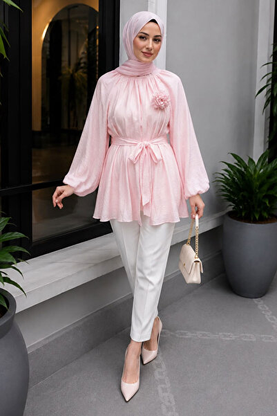 Tesettür Dünyası Floral Detailed Balloon Sleeve Tunic Tsd260264 Pink