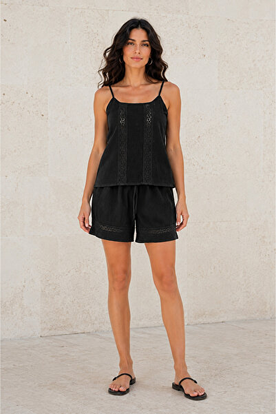 1434 Polo State Women's Lace Detailed Strappy Shorts Muslin Set - Black