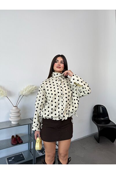 eloria glow Retro Puantiyeli Yaka Detaylı Büzgülü Oversize Şık Gömlek Ceket