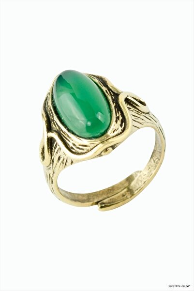 ZERO LAND Spt-Gld Oval Natural Stone Authentic Ring (110233) Green Agate