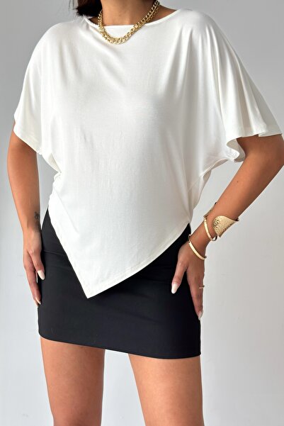 CrepTekstil Crep Women's Viscose Fabric Draped Bat Sleeve Asymmetrical Loose ...