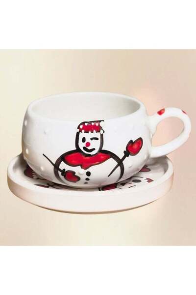 Generic Brand Handmade Ceramic Coffee Cup and Saucer Set with Snowman Design
