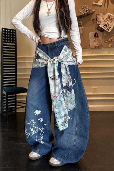 Köstebek Navy Blue Vintage Scarf Rabbit Print Baggy Pants