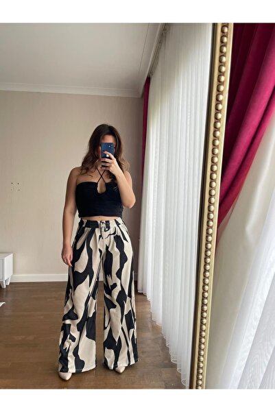 Zebra Desen Müslin Krem Pantolon