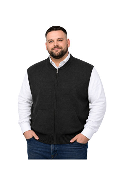 BattalModa Erkek Büyük Beden Siyah Hattush Cepli Fermuarlı Yelek 5XL-6XL-7XL-8XL