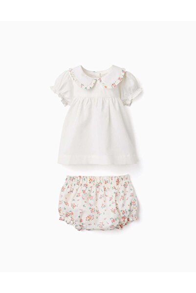 Ziddy Cotton Blouse And Bloomers With Ruffles For Newborn Girls, White