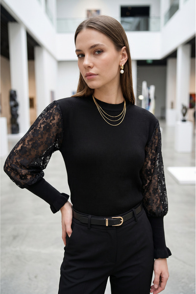 SAYZEN YOUR SHİNE Basic Crew Neck Women's Knitwear Sweater with Lace Cuffs