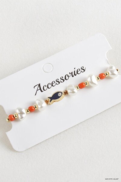 ZERO LAND Spt-Gld Fish Pearl Beads Macrame Cord (124157) Bracelet Orange