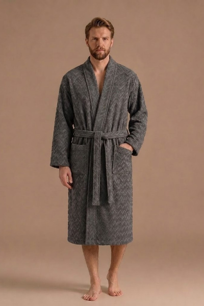 Anılsan Atlas Kimono Collar Men's Bathrobe – Dark Gray 100% Cotton